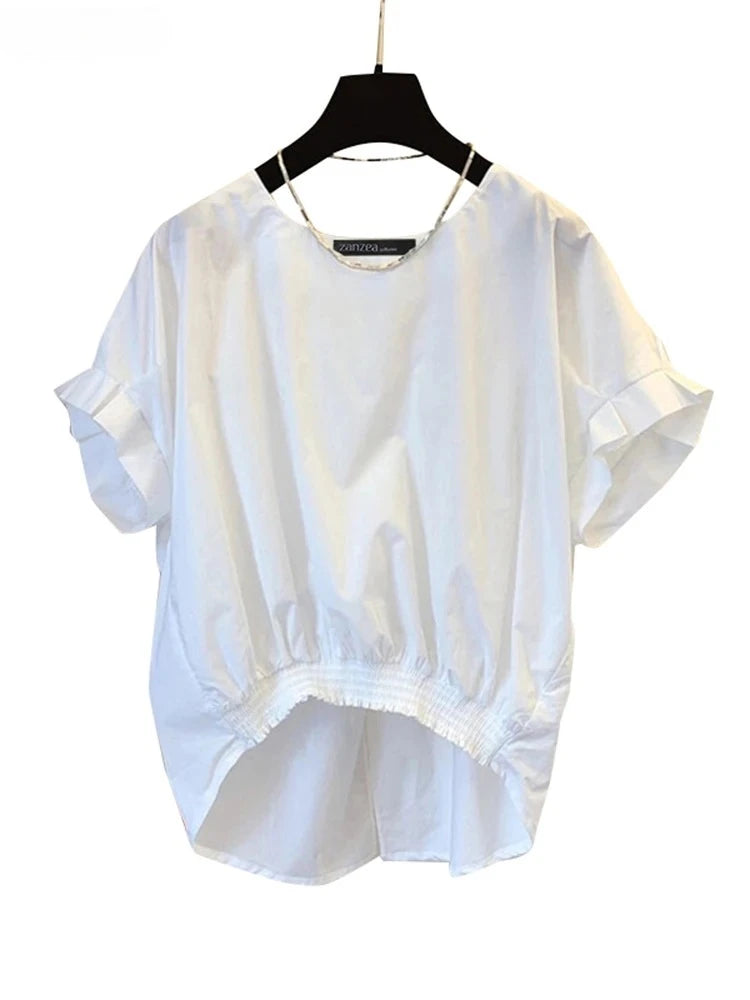 Women Fashion Shirring Hem Blouses Summer O Neck Short Sleeve Casual Blusas Mujer Stylish Slit Back Solid Shirt Tops