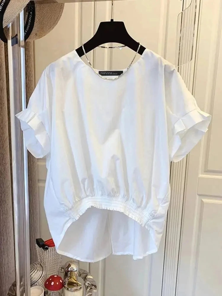 Women Fashion Shirring Hem Blouses Summer O Neck Short Sleeve Casual Blusas Mujer Stylish Slit Back Solid Shirt Tops