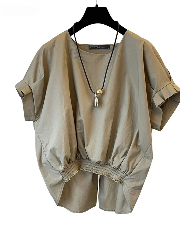 Women Fashion Shirring Hem Blouses Summer O Neck Short Sleeve Casual Blusas Mujer Stylish Slit Back Solid Shirt Tops