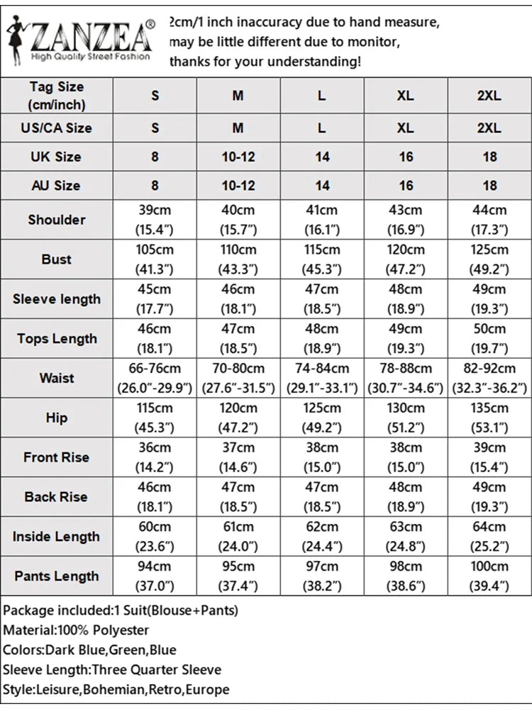 ZANZEA 2PCS Vintage Women Matching Sets Summer Outfits Fashion O Neck 3/4 Sleeve Printed Blouse Wide Leg Trousers Suit Oversize