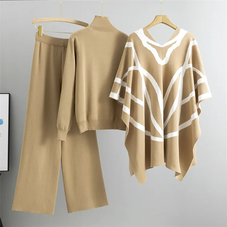 Office Lady 3Pieces Set Vintage Print Shawl Pullover Sweater Wide Leg Pants Set Lazy Style Knitted Sweater Shawl Cape Pants Suit