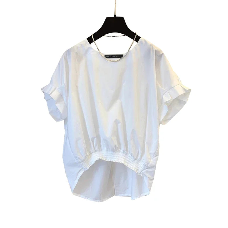 Women Fashion Shirring Hem Blouses  Summer O Neck Short Sleeve Casual Blusas Mujer Stylish Slit Back Solid Shirt Tops