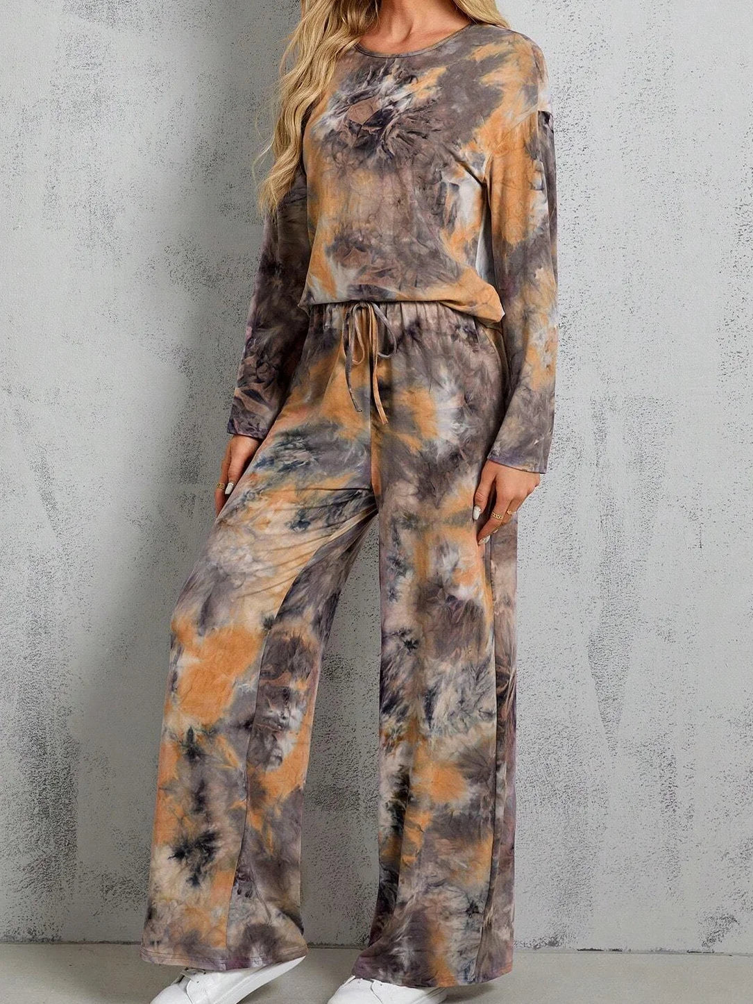 Women's Tie-Dye Pullover Sweater And Flared Trousers Two-Piece Suit Long-Sleeved round Neck Autumn Winter Outfit