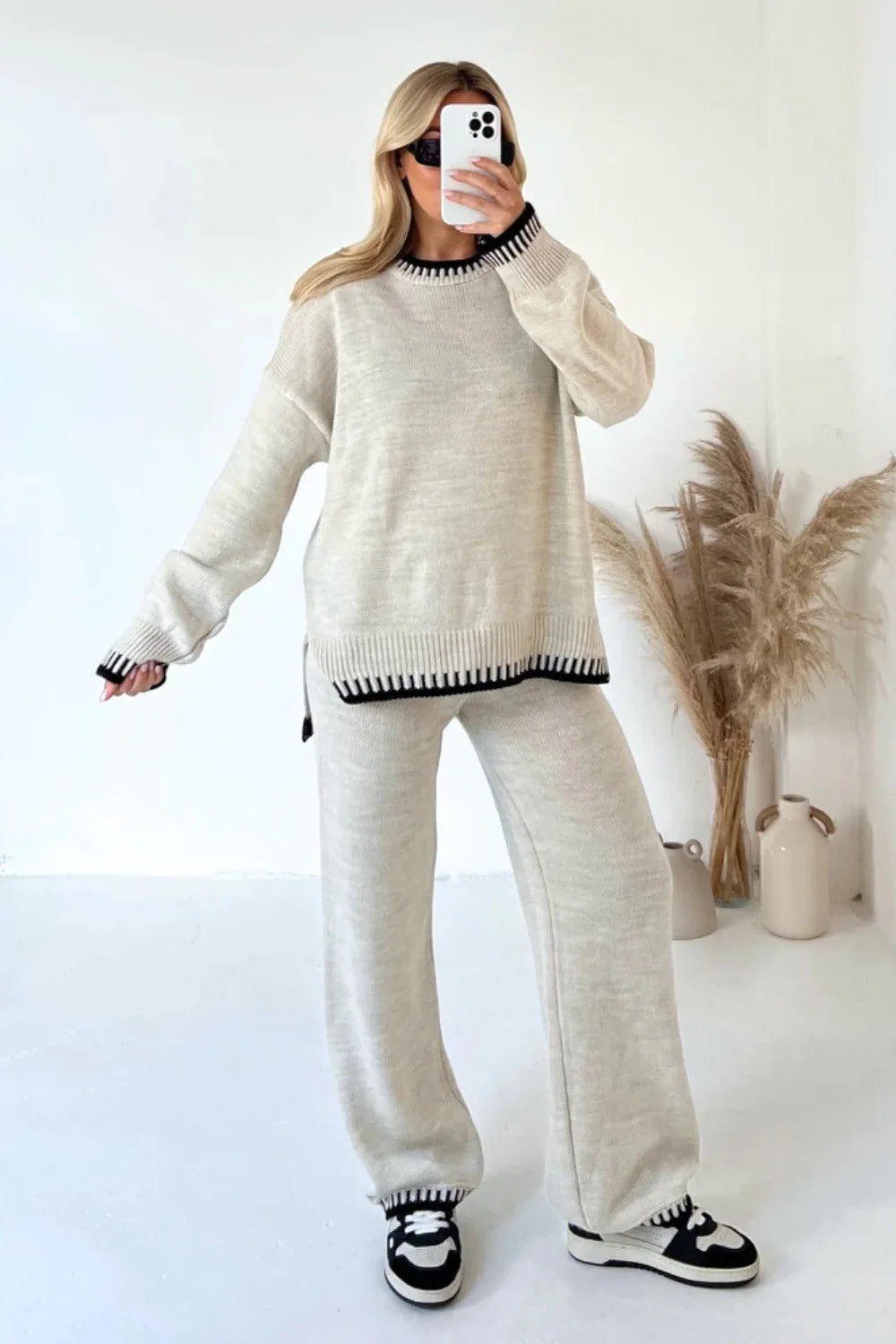 Women Wide Leg Pant Sets Two Piece Sets Round Neck Sweaters Knit Long Sleeve Casual Loose Solid Pullovers Elegant Pants