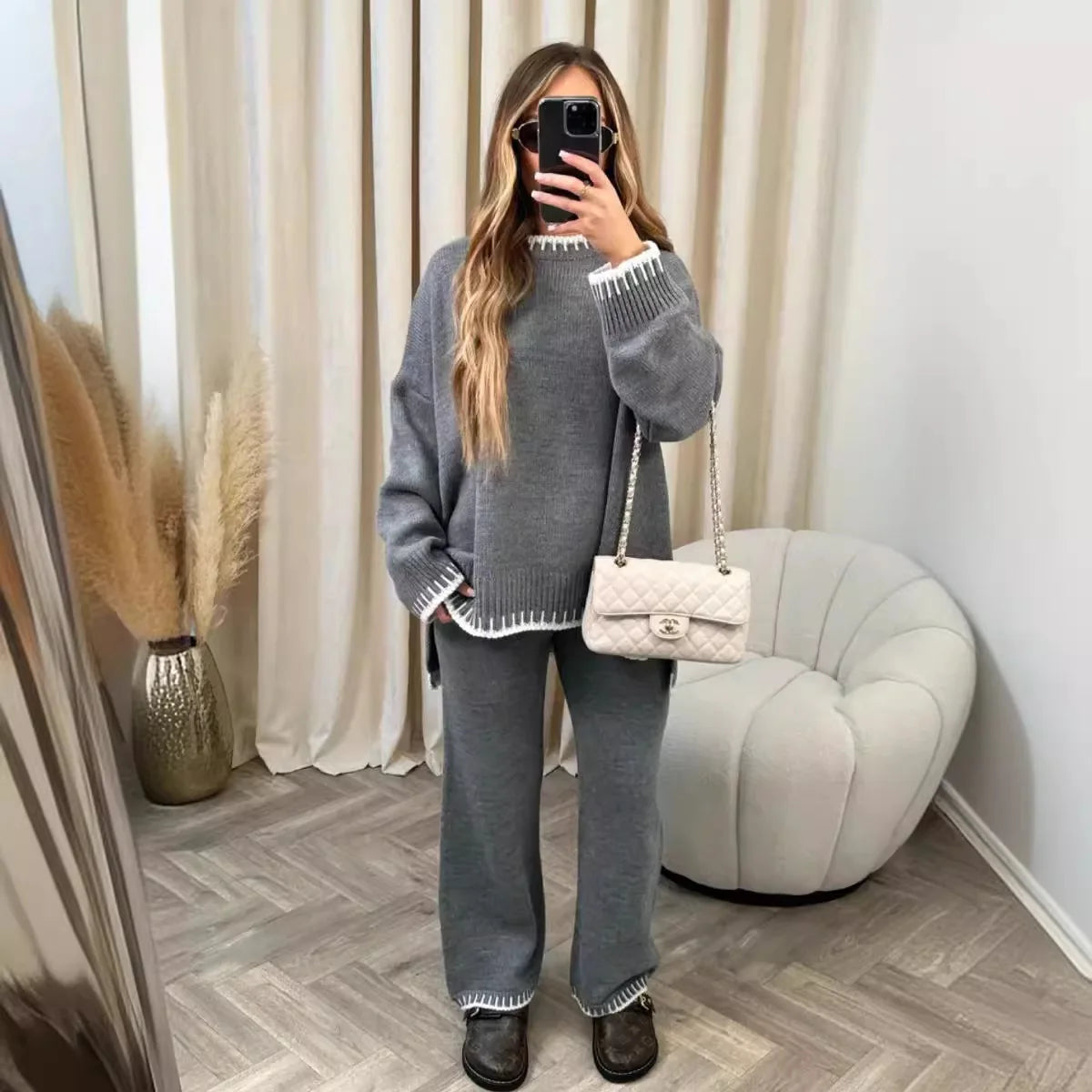 Women Wide Leg Pant Sets Two Piece Sets Round Neck Sweaters Knit Long Sleeve Casual Loose Solid Pullovers Elegant Pants