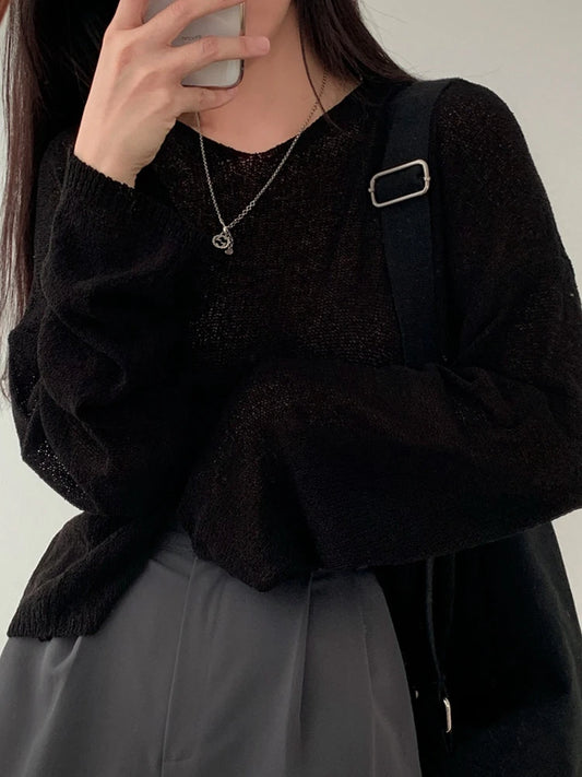 2025 Loose Vintage Harajuku Long Sleeve Women Sweater Korean Spring Summer Knitwear Soft Thin Tops Chic Solid Femme Sweater