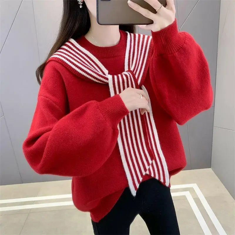 Red Loose Sweater Women's Autumn and Winter New Korean Version Soft and Thick Knitted Sweater Top