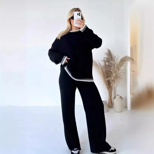 Women Wide Leg Pant Sets Two Piece Sets Round Neck Sweaters Knit Long Sleeve Casual Loose Solid Pullovers Elegant Pants