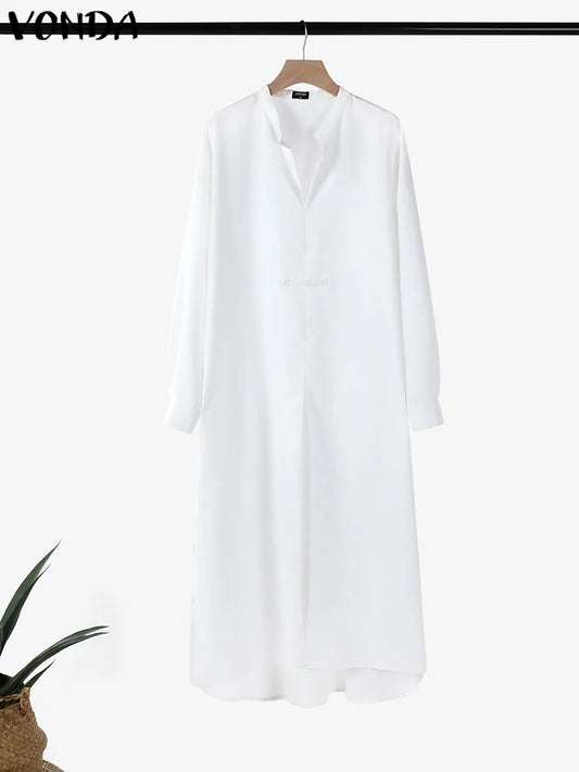 Plus Size 5XL VONDA Cover-ups Women Long Blouse Casual Turn-down Collar Tops 2025 Solid Color Tunic Long Sleeve Women Cardigans