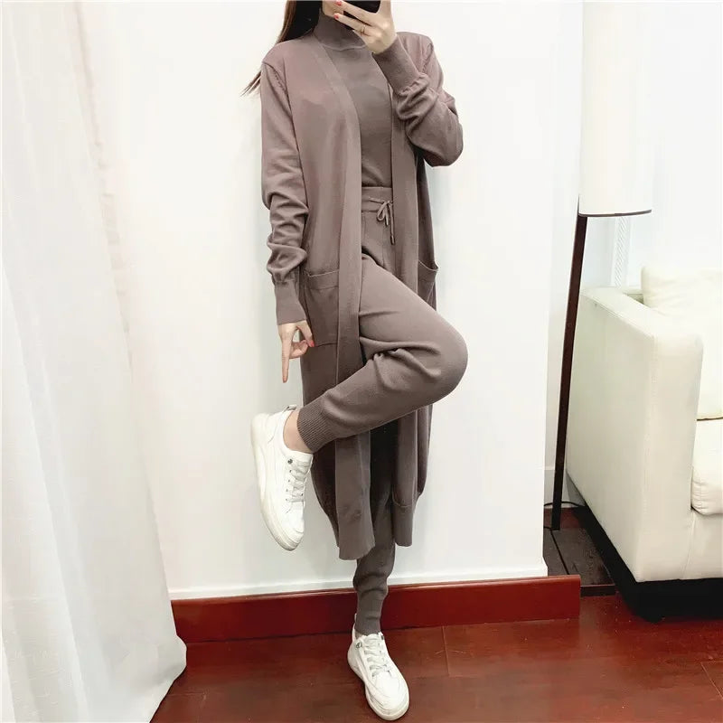 Women Three Piece Sets Long Sweater Vest Jumper Pant Sets Kintted Spring 2024 Autumn Winter Crochet Cardigan Y2k High Waist