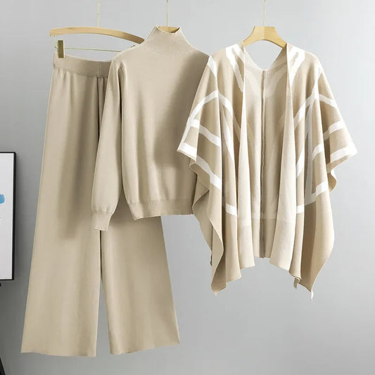 Office Lady 3Pieces Set Vintage Print Shawl Pullover Sweater Wide Leg Pants Set Lazy Style Knitted Sweater Shawl Cape Pants Suit