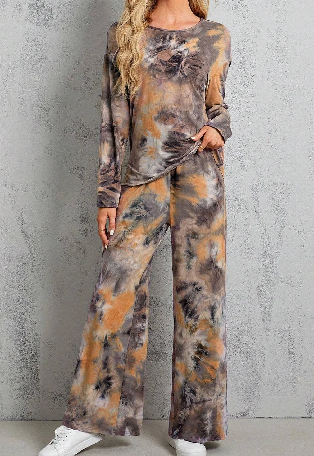 Women's Tie-Dye Pullover Sweater And Flared Trousers Two-Piece Suit Long-Sleeved round Neck Autumn Winter Outfit