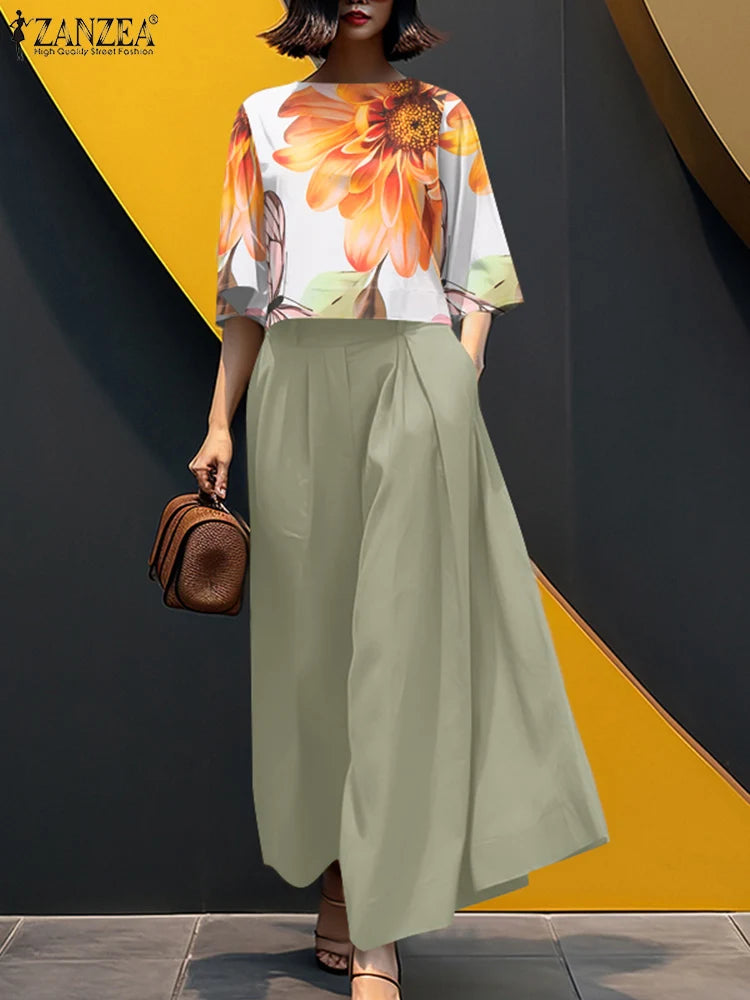 ZANZEA 2PCS Vintage Women Matching Sets Summer Outfits Fashion O Neck 3/4 Sleeve Printed Blouse Wide Leg Trousers Suit Oversize