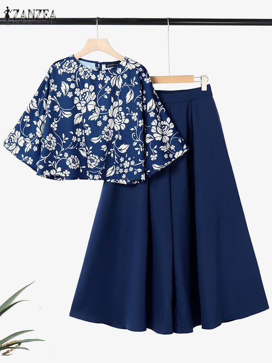 ZANZEA 2PCS Vintage Women Matching Sets Summer Outfits Fashion O Neck 3/4 Sleeve Printed Blouse Wide Leg Trousers Suit Oversize