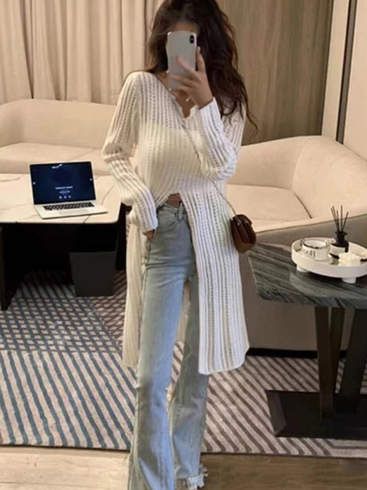 Spring Autumn V-neck Split Knitted Thin Long Shirt Women Fashion Hollow Out Casual Long Sleeve Sunscreen Tops Elegant Blouse Top