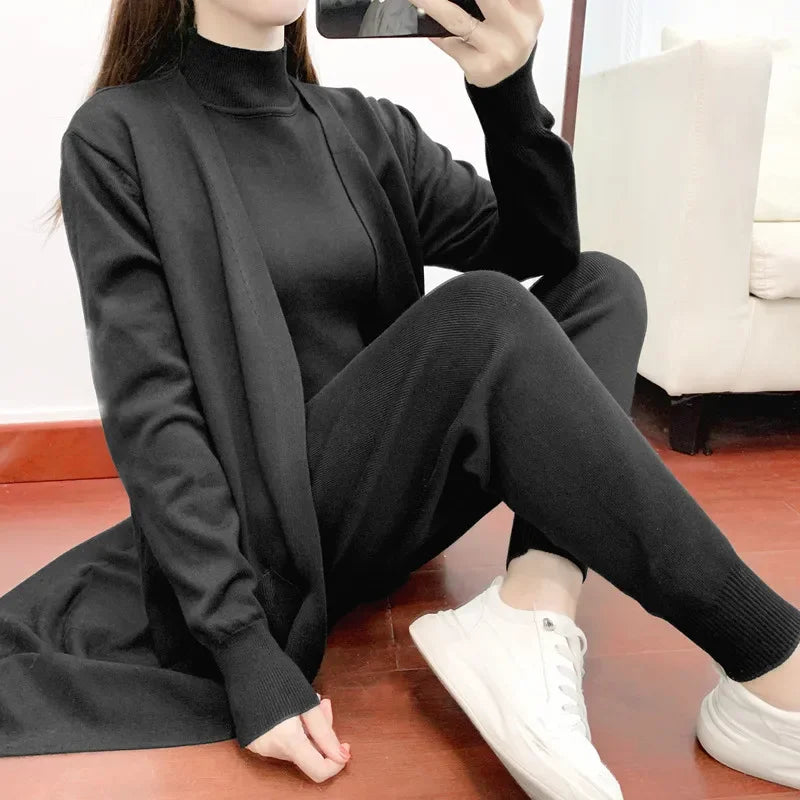 Women Three Piece Sets Long Sweater Vest Jumper Pant Sets Kintted Spring 2024 Autumn Winter Crochet Cardigan Y2k High Waist