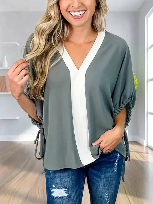 Women's V Neck Plus Size Drawstring Casual Half Sleeve Shirts Tops Elegant Blouse Short Sleeve Shirt