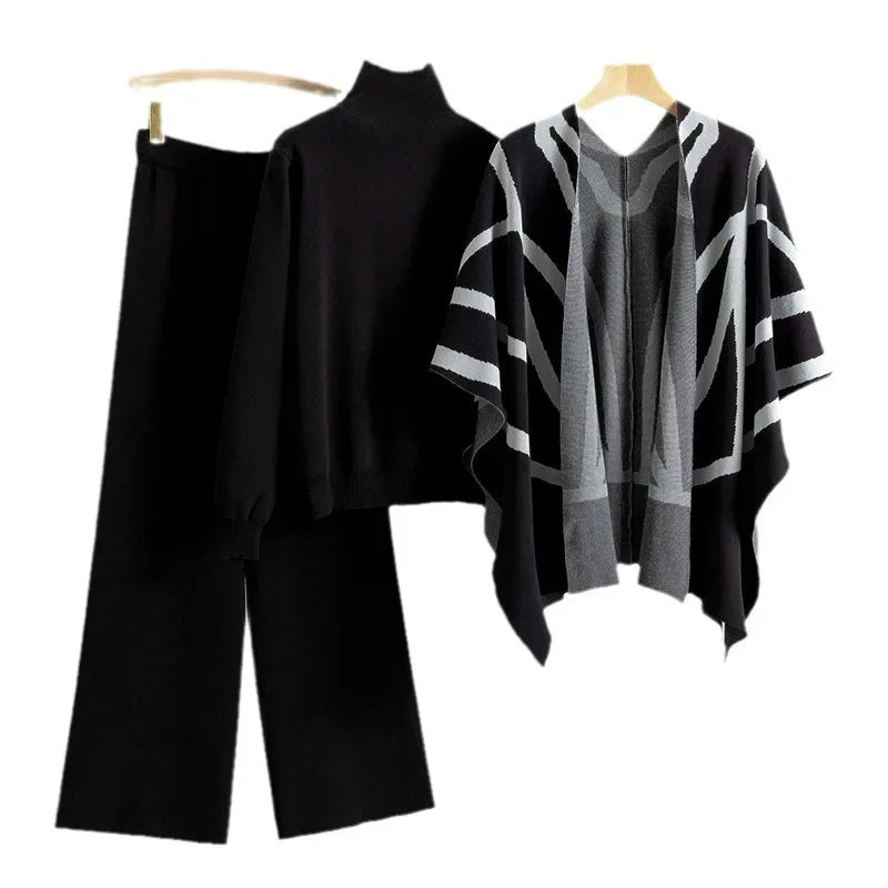 Office Lady 3Pieces Set Vintage Print Shawl Pullover Sweater Wide Leg Pants Set Lazy Style Knitted Sweater Shawl Cape Pants Suit