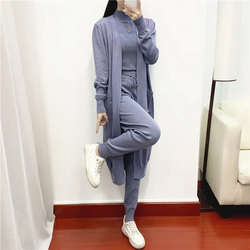 Women Three Piece Sets Long Sweater Vest Jumper Pant Sets Kintted Spring 2024 Autumn Winter Crochet Cardigan Y2k High Waist