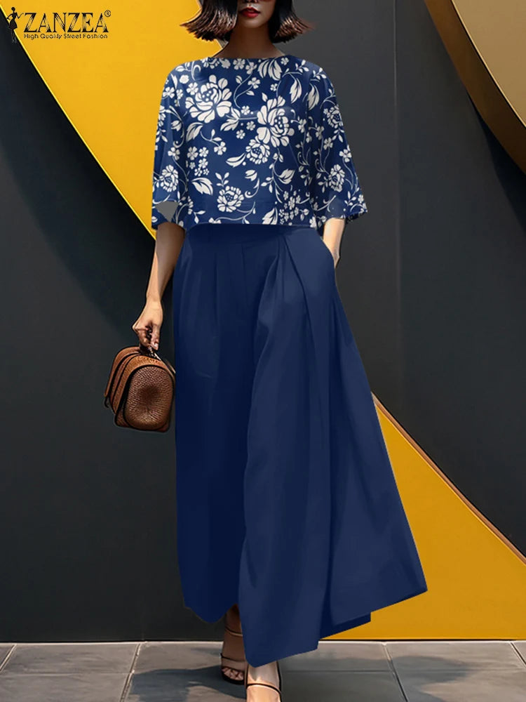 ZANZEA 2PCS Vintage Women Matching Sets Summer Outfits Fashion O Neck 3/4 Sleeve Printed Blouse Wide Leg Trousers Suit Oversize