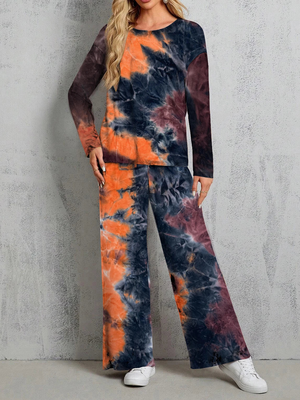 Women's Tie-Dye Pullover Sweater And Flared Trousers Two-Piece Suit Long-Sleeved round Neck Autumn Winter Outfit