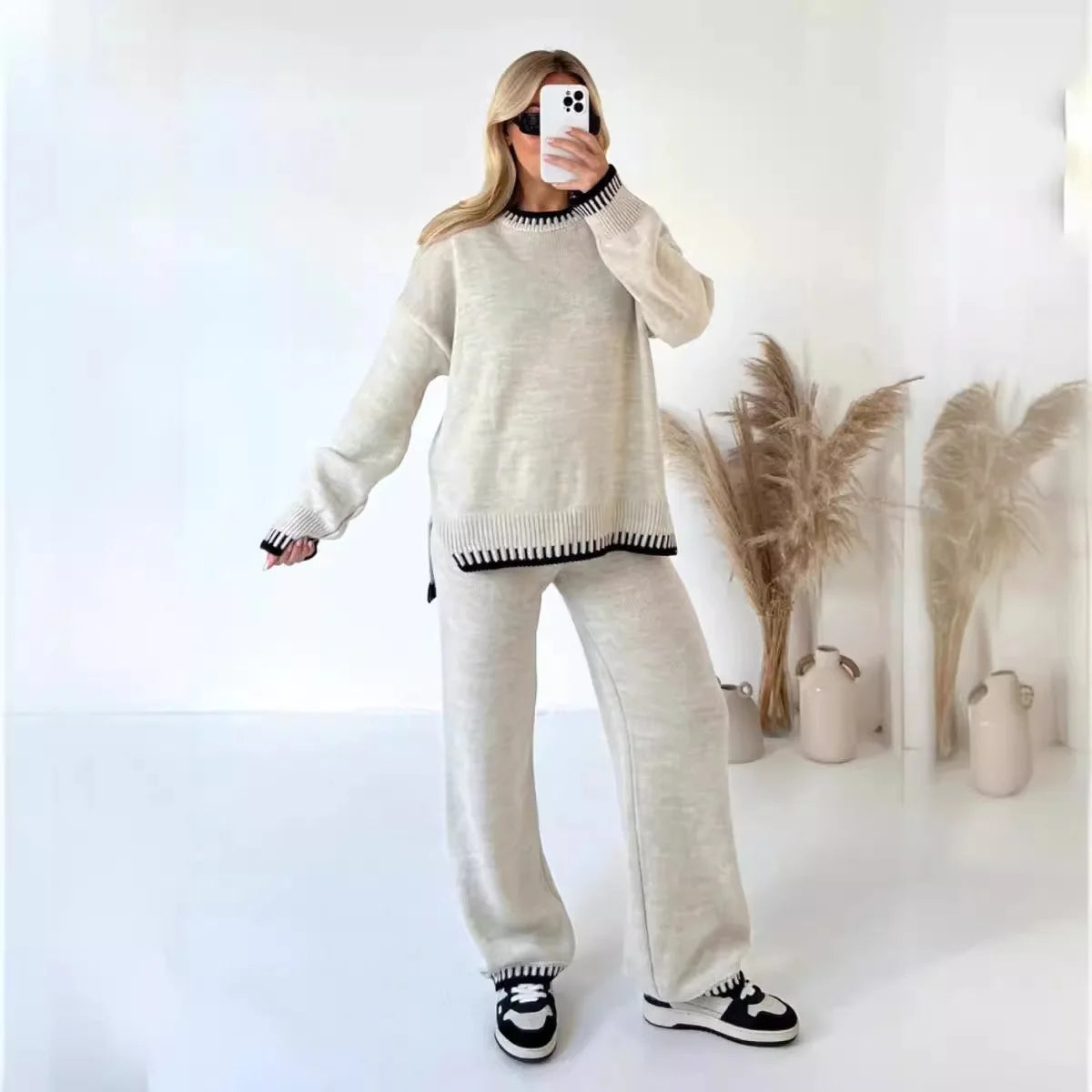 Women Wide Leg Pant Sets Two Piece Sets Round Neck Sweaters Knit Long Sleeve Casual Loose Solid Pullovers Elegant Pants