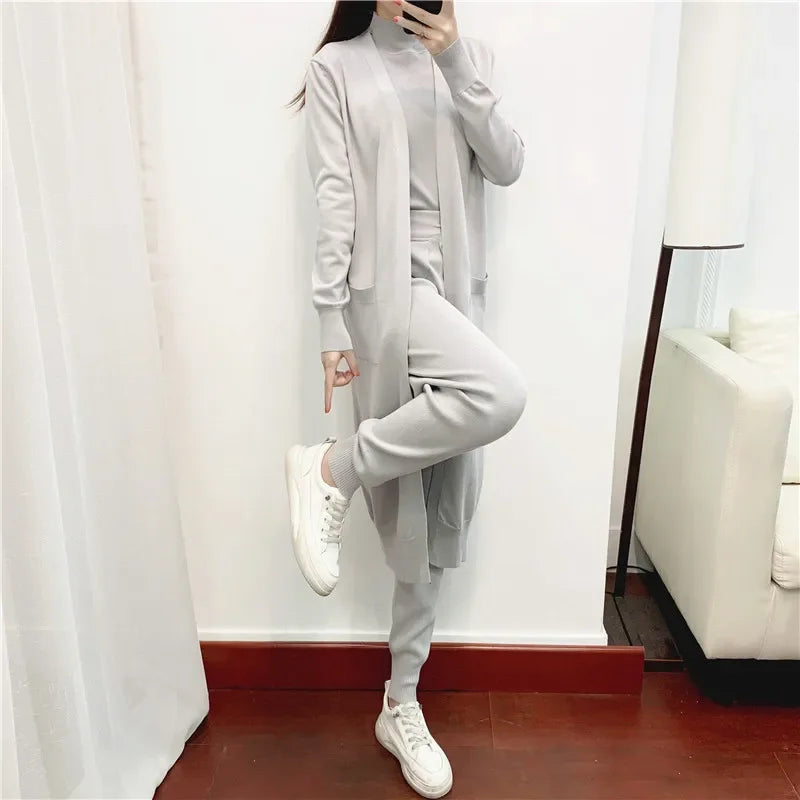 Women Three Piece Sets Long Sweater Vest Jumper Pant Sets Kintted Spring 2024 Autumn Winter Crochet Cardigan Y2k High Waist