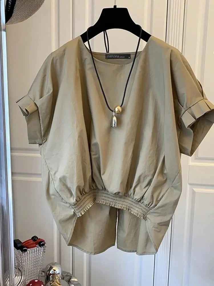 Women Fashion Shirring Hem Blouses  Summer O Neck Short Sleeve Casual Blusas Mujer Stylish Slit Back Solid Shirt Tops
