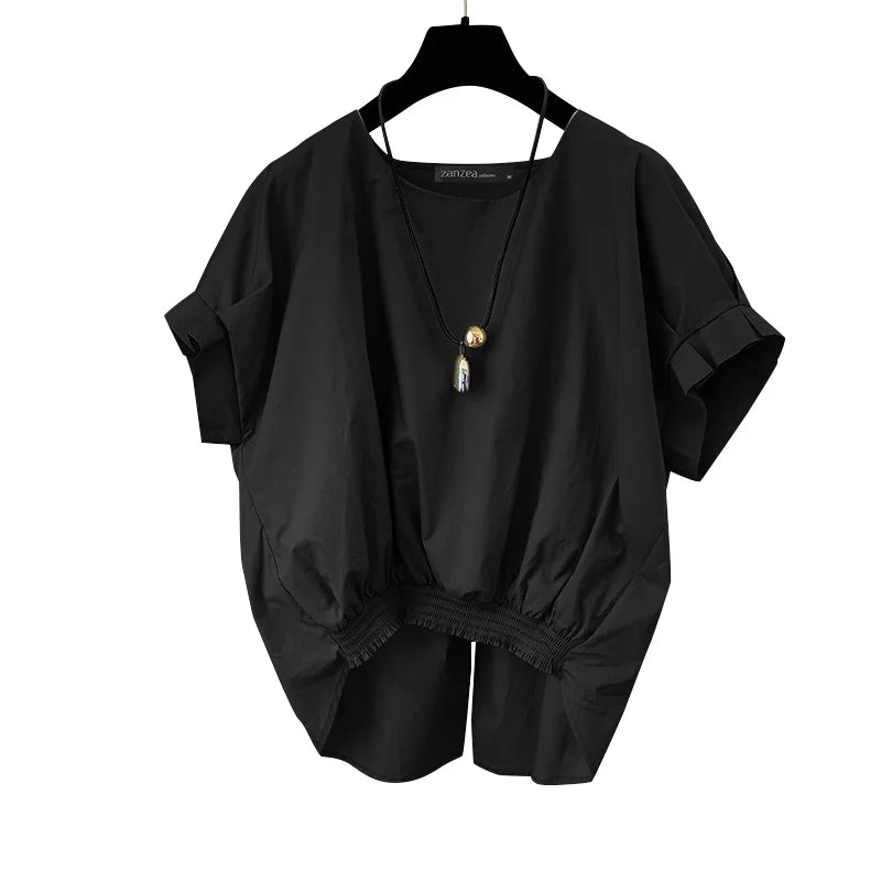Women Fashion Shirring Hem Blouses  Summer O Neck Short Sleeve Casual Blusas Mujer Stylish Slit Back Solid Shirt Tops