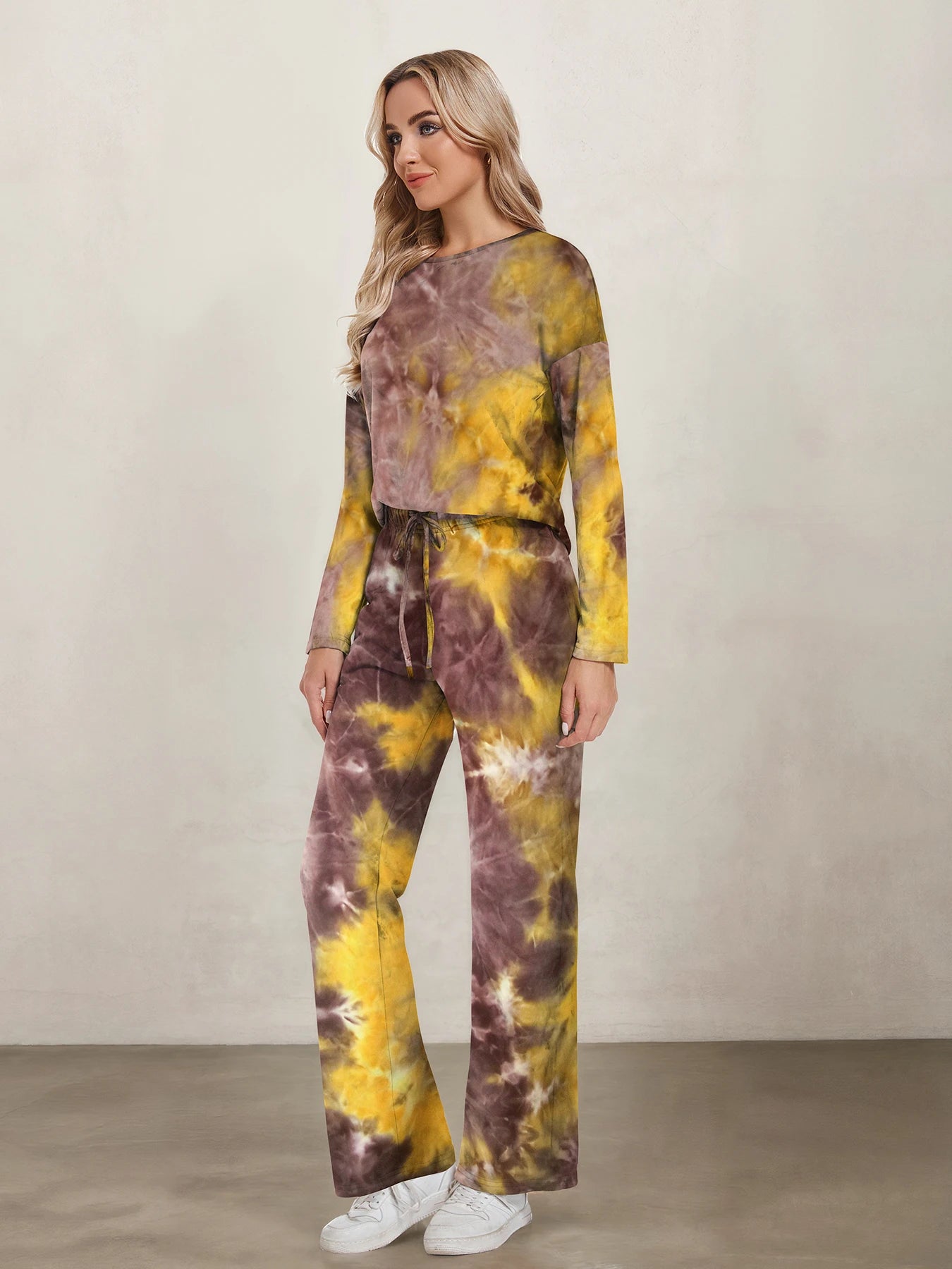 Women's Tie-Dye Pullover Sweater And Flared Trousers Two-Piece Suit Long-Sleeved round Neck Autumn Winter Outfit