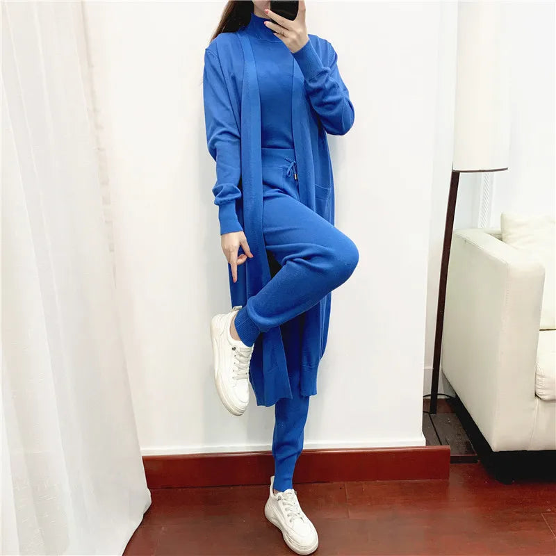 Women Three Piece Sets Long Sweater Vest Jumper Pant Sets Kintted Spring 2024 Autumn Winter Crochet Cardigan Y2k High Waist