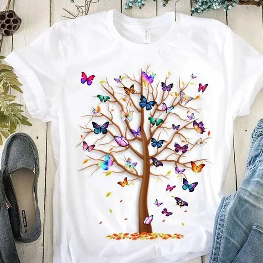 Butterfly Tree Print Harajuku T-Shirt for Women - Casual Round Neck Short Sleeve Summer Tee