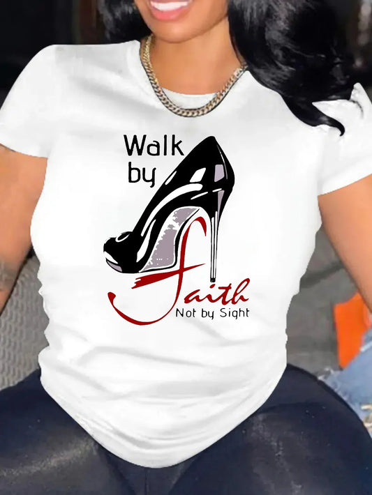 "Faith Print T-Shirt for Women, Casual Short Sleeve Crew Neck Top for All Seasons, Stylish Graphic Tee"