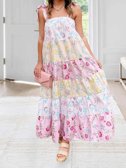 Elegant V-Neck Maxi Dress Sleeveless Ruffle Hem Evening Gown with Floral Print for Wedding Guest or Prom Party