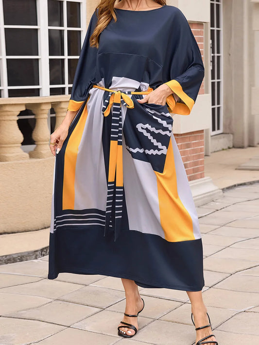 Elegant Mu Women s Ramadan Dress with 3 4 Sleeves and Boat Neckline Flowy Long Gown with Contrast Color Detailing Perfect