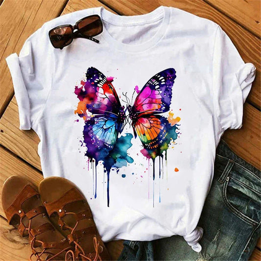 Butterfly Tree Print Harajuku T-Shirt for Women - Casual Round Neck Short Sleeve Summer Tee