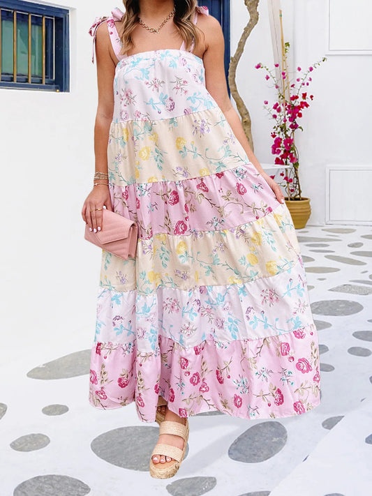 Elegant V-Neck Maxi Dress Sleeveless Ruffle Hem Evening Gown with Floral Print for Wedding Guest or Prom Party