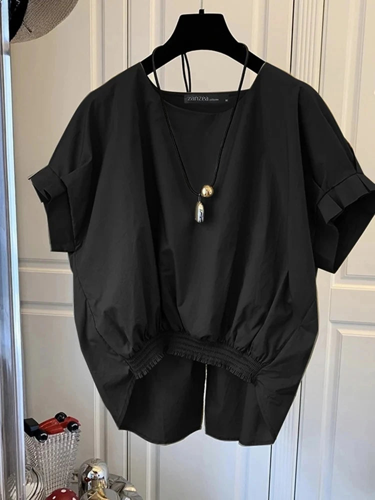 Women Fashion Shirring Hem Blouses  Summer O Neck Short Sleeve Casual Blusas Mujer Stylish Slit Back Solid Shirt Tops
