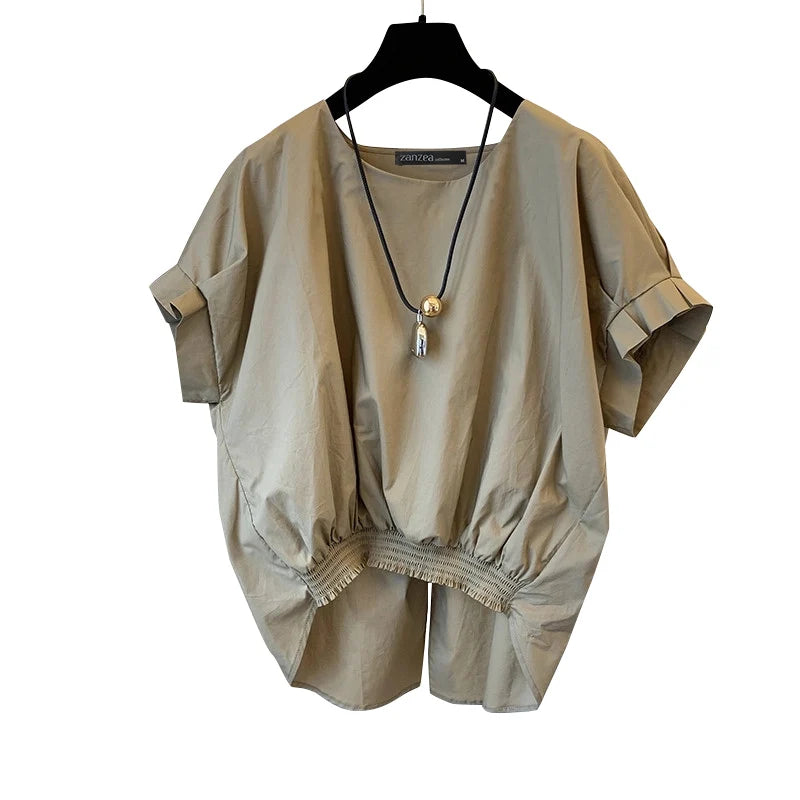 Women Fashion Shirring Hem Blouses  Summer O Neck Short Sleeve Casual Blusas Mujer Stylish Slit Back Solid Shirt Tops