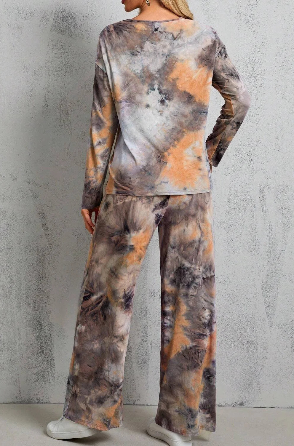 Women's Tie-Dye Pullover Sweater And Flared Trousers Two-Piece Suit Long-Sleeved round Neck Autumn Winter Outfit