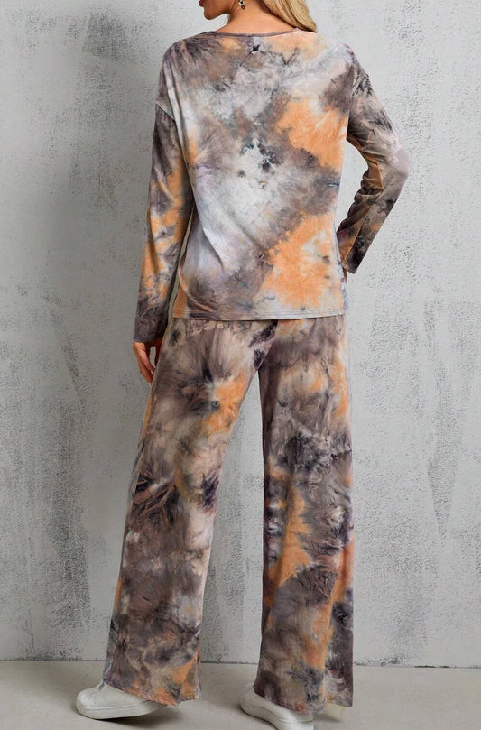 Women's Tie-Dye Pullover Sweater And Flared Trousers Two-Piece Suit Long-Sleeved round Neck Autumn Winter Outfit