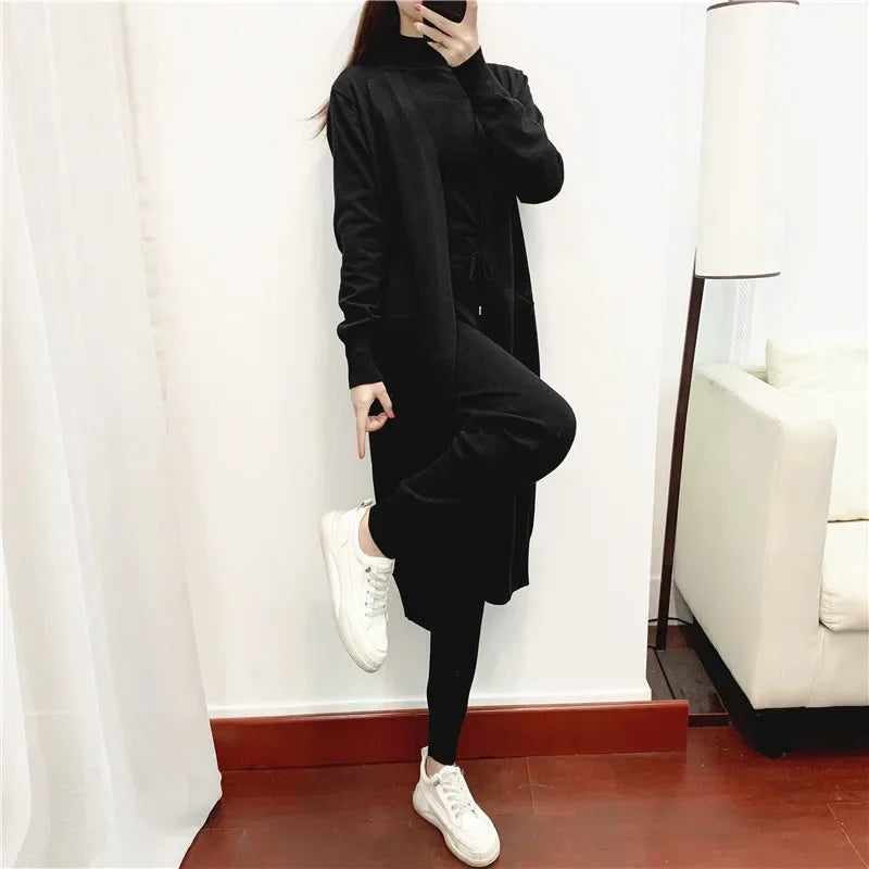 Women Three Piece Sets Long Sweater Vest Jumper Pant Sets Kintted Spring 2024 Autumn Winter Crochet Cardigan Y2k High Waist