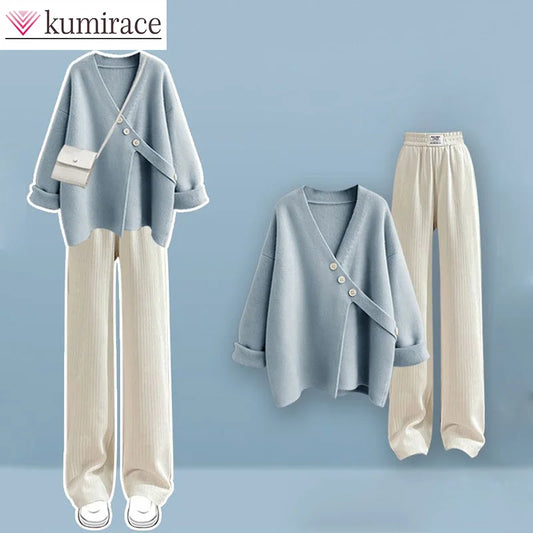 Autumn Set Women's 2024 Korean Version New Loose Knitted Sweater Versatile Casual Pants Two Piece Set Winter Clothes Women