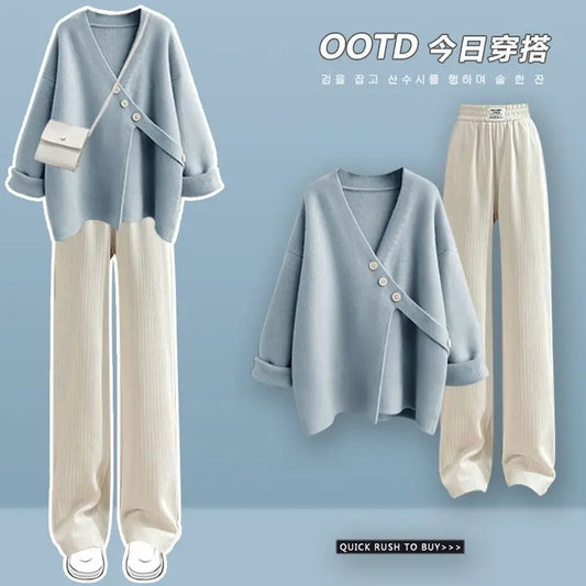 Autumn Set Women's 2024 Korean Version New Loose Knitted Sweater Versatile Casual Pants Two Piece Set Winter Clothes Women