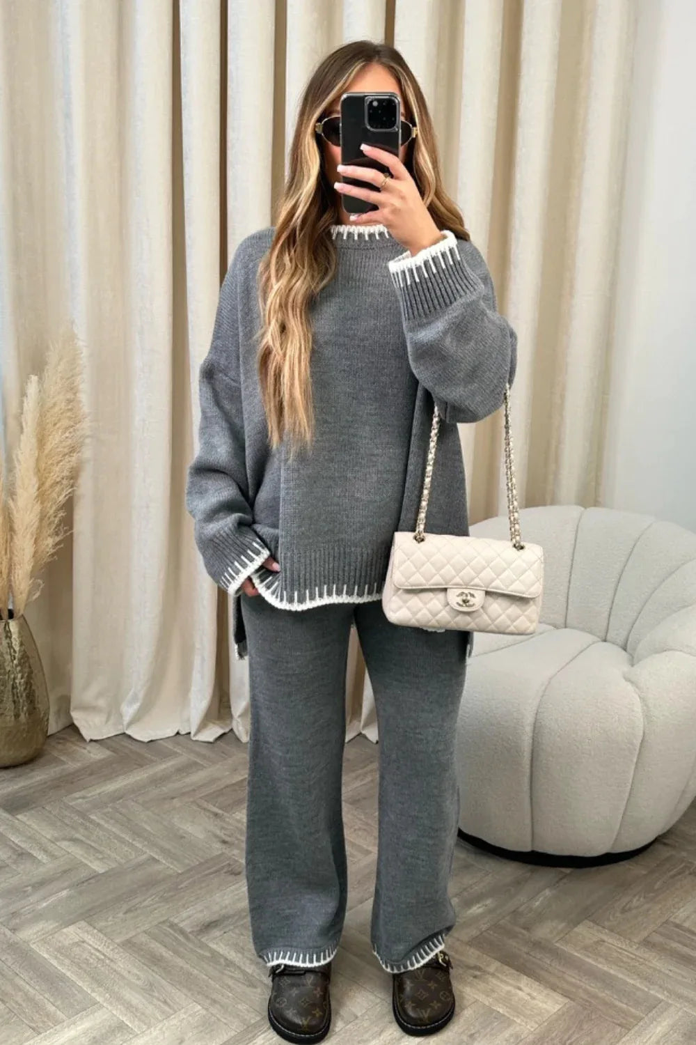 Women Wide Leg Pant Sets Two Piece Sets Round Neck Sweaters Knit Long Sleeve Casual Loose Solid Pullovers Elegant Pants