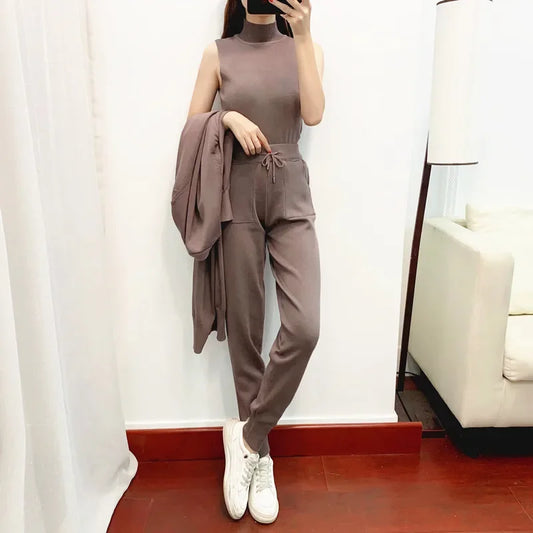 Women Three Piece Sets Long Sweater Vest Jumper Pant Sets Kintted Spring 2024 Autumn Winter Crochet Cardigan Y2k High Waist