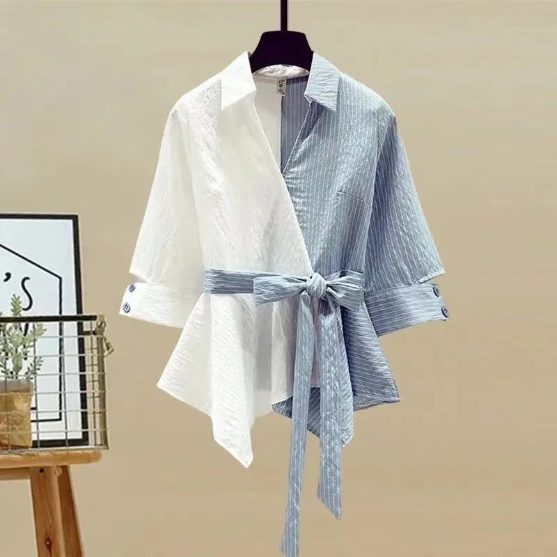 2025 Summer New Stitched Chiffon Shirt Female Set Elegant Women's Jeans Casual Blouse Two Piece Set Ladies Tracksuits