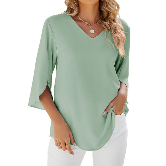Elegant Solid Color Women's Chiffon Blouses Spring New Fashion Simple V-Neck Pullover Half Sleeve Loose Shirts 2025 Casual Tops