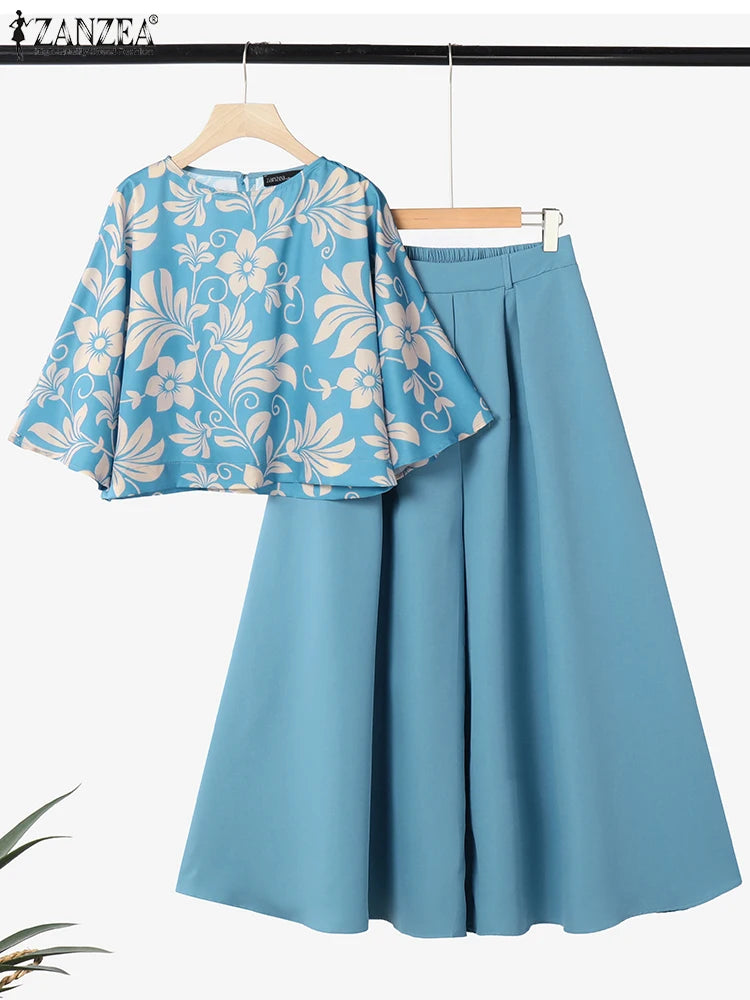 ZANZEA 2PCS Vintage Women Matching Sets Summer Outfits Fashion O Neck 3/4 Sleeve Printed Blouse Wide Leg Trousers Suit Oversize