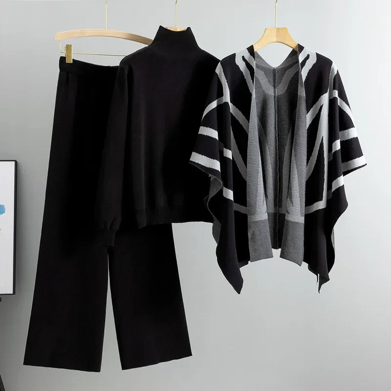 Office Lady 3Pieces Set Vintage Print Shawl Pullover Sweater Wide Leg Pants Set Lazy Style Knitted Sweater Shawl Cape Pants Suit